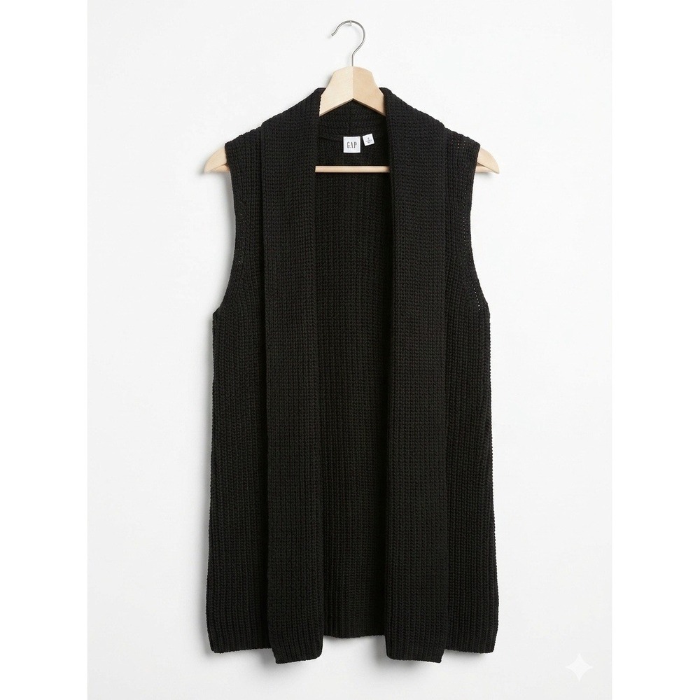 Gap Womens Black Open Front Long Sweater Vest Ribbed Knit Duster Sz M Lagenlook